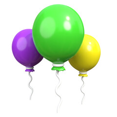 This image features three vividly colored balloons, rendered with glossy surfaces and playful curly ribbons.