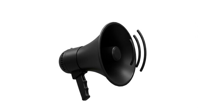 A matte black megaphone with curved lines eminating from the horn to signal sound projection, isolated on a white background.