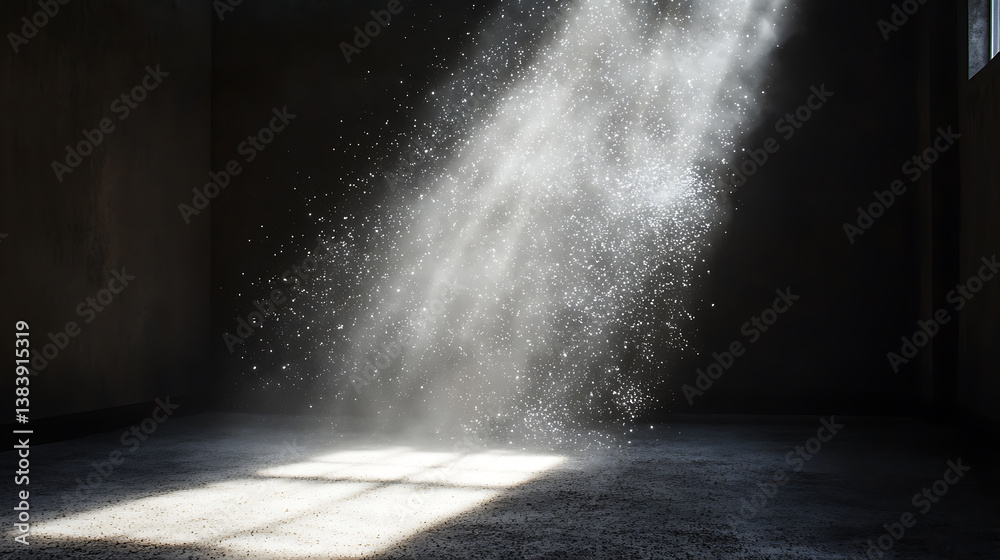 Poster Illuminated dust particles floating in a beam of light within a darkened room, evoking wonder