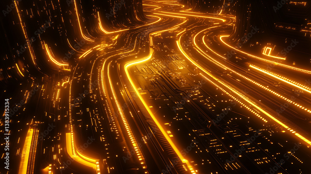 Poster Illuminated circuit board pathways with golden and orange glows, depicting technology and data flow