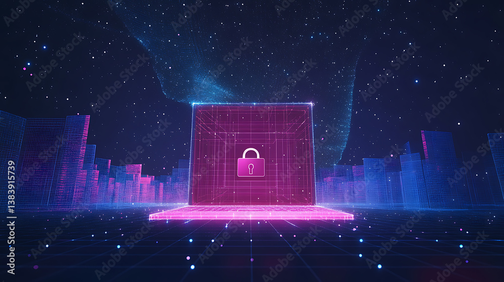 Fototapete low poly wireframe illustration of a lock on the screen of a laptop, digital data secure concept, st