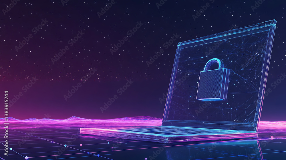 Aufkleber Low poly wireframe illustration of a lock on the screen of a laptop, digital data secure concept, starry sky with shapes, lines, and points, polygonal notebook and lock
