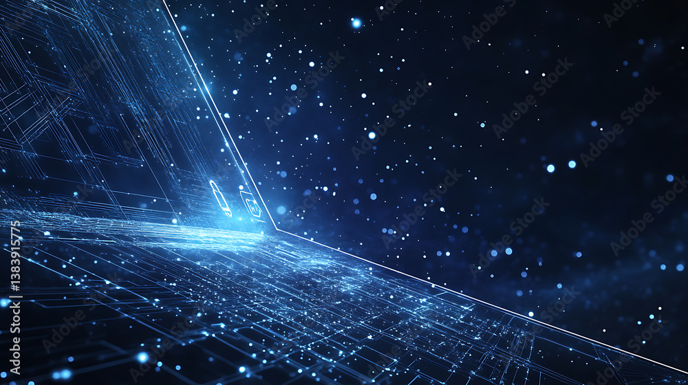 Aufkleber Low poly wireframe illustration of a lock on the screen of a laptop, digital data secure concept, starry sky with shapes, lines, and points, polygonal notebook and lock