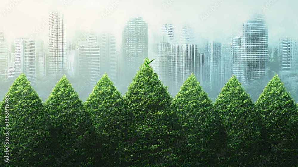 Poster illustration of a lush green trees aligned in a row, with a stylized arrow pointing upwards, signify