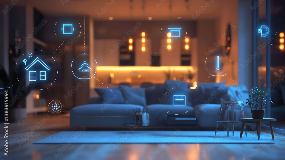 Aufkleber luminous smart home icons on the background of the kitchen and living room, concept of automation an