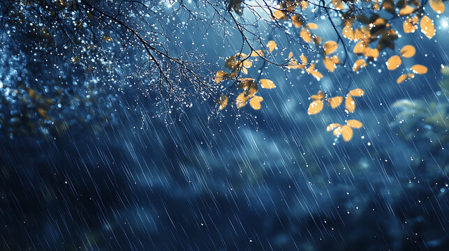 Illustration of abstract low poy wire umbrella cover in rain on dark blue background with water fall drops, meteorology, safety, autumn season concept