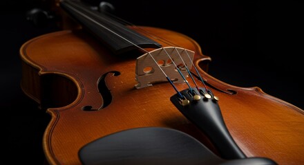 Fototapeta premium Wooden Violin Strings Bridge and Tailpiece Detail - A close-up view of a violin's bridge, tailpiece, and strings. Symbolizing musicality, craftsmanship, artistry, precision, and tradition