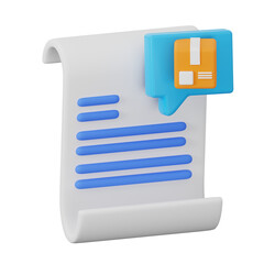 The image depicts a three dimensional rendered document with a delivery notification icon hovering...