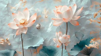 Illustration of pink and white lotuses, dried plant, luxury color combination, turquoise, herbarium, crumpled paper, abstract pattern, golden glow, foliage, gray pastel background, flowers, 3d artwork
