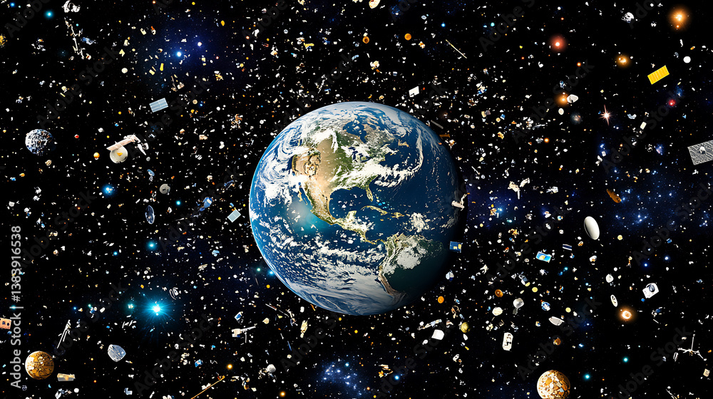 Poster Image showing numerous pieces of orbital debris surrounding earth, highlighting the issue of space junk and its impact on space operations