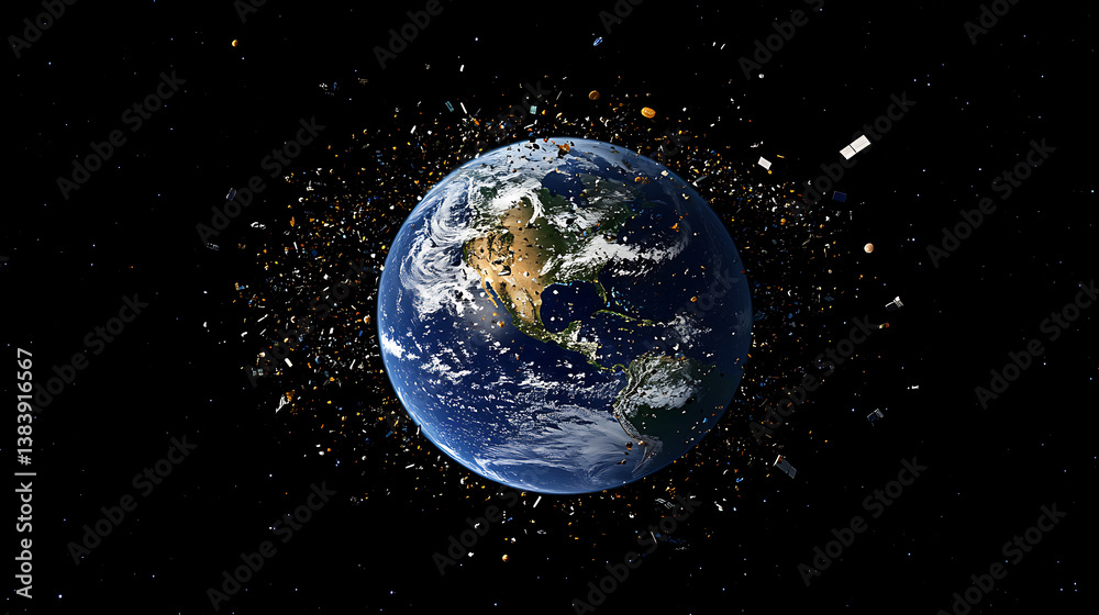 Leinwandbilder image showing numerous pieces of orbital debris surrounding earth, highlighting the issue of space j