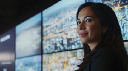 Confident Businesswoman Standing in Front of Digital Display Screens