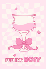 Vintage Coquette Glass Cocktail with Pink Ribbon Bow. Aesthetic Drink on Groovy Twisted Checkered Background. Romantic Girly Vibe. Vector illustration. Trendy vertical poster with Quote Slogan