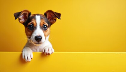 Cute Jack Russell Terrier puppy peeks from behind yellow wall. Adorable dog with brown eyes, black nose, and white fur. Happy puppy. Space for text, veterinary, pet shop advertisement.