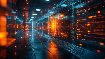 Fototapeta premium A sleek AI-powered quantum computer inside a futuristic research lab, glowing superconductors and advanced circuitry, ultra-modern glass panels reflecting data streams, sci-fi aesthetic