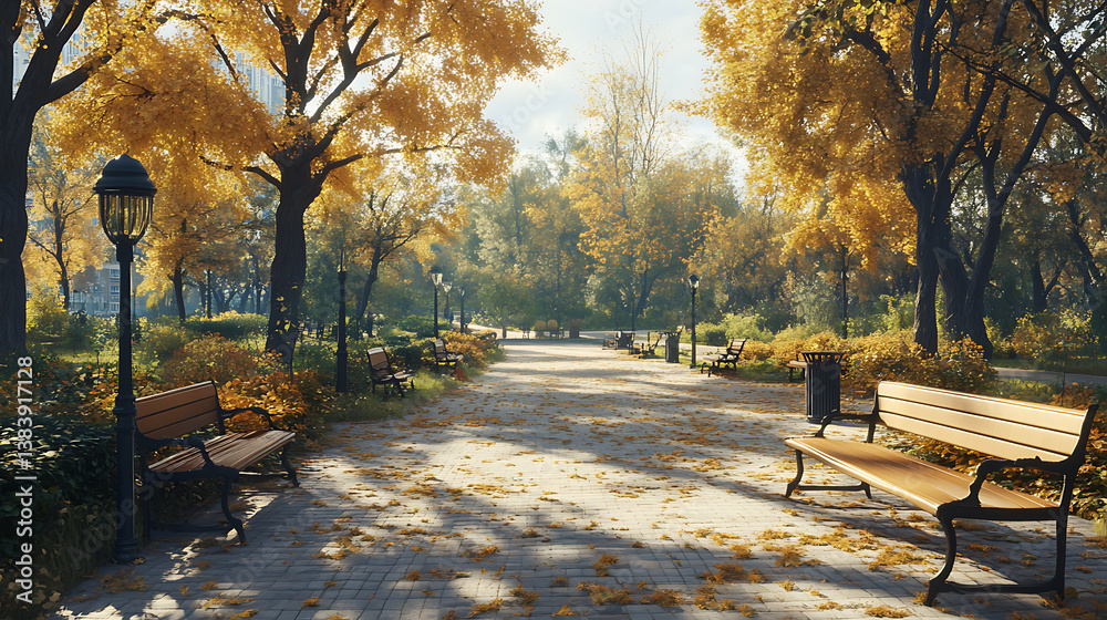 Poster in the center of the modern city there is a park area for recreation, 3d rendering