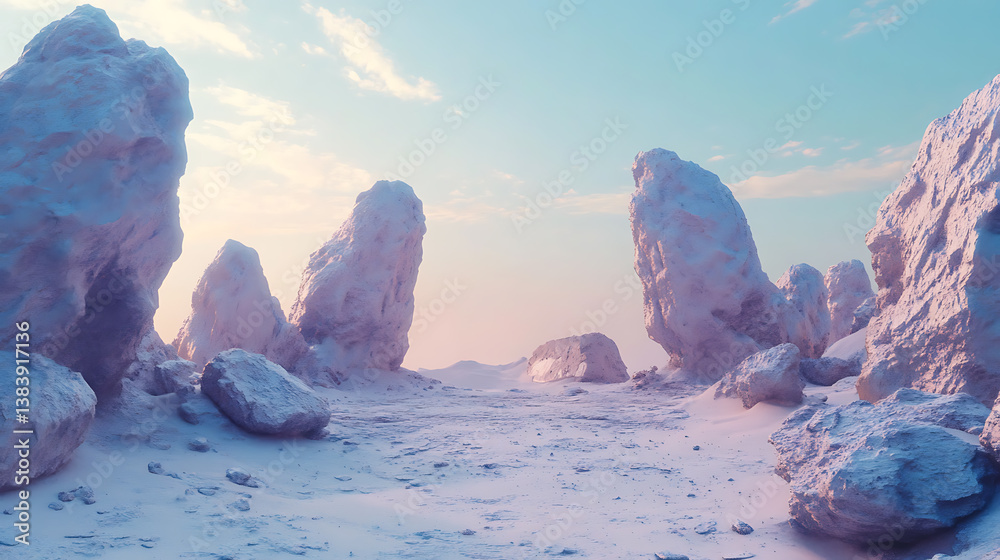 Poster in the middle of the rocks is a portal to another dimension, 3d illustration