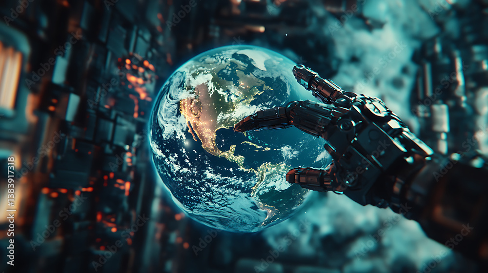 Fototapete In this model, there is a robotic arm interacting with the 3d earth on the center of a hud screen and artificial intelligence controls the global network, robot hand pointing at earth in cyber space