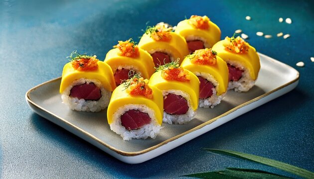 Savor vibrant sushi rolls topped with fresh mango and tuna, embodying summer&rsquo;s essence.