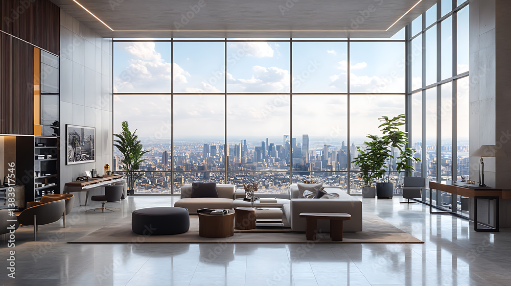 Poster luxury light office interior with furniture and panoramic windows with city view and daylight, 3d re