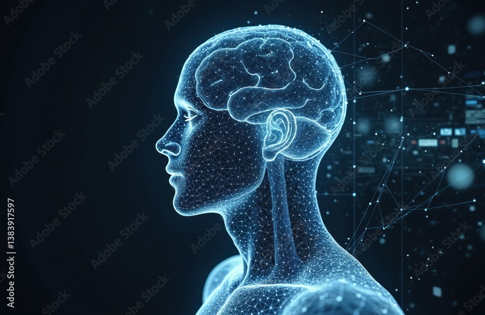 Poster illustration of human brain, neural network concept. digital scan of head with brain inside, mri. di