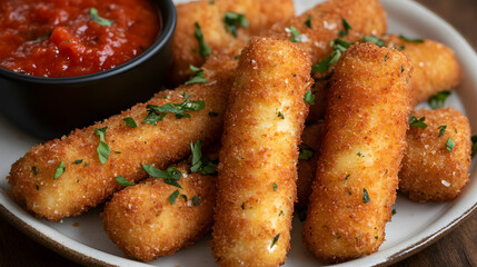 Crispy mozzarella sticks with a cheesy interior, paired with a rich tomato sauce and garnished with fresh basil for extra flavor.