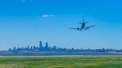 Fototapeta na wymiar Airplane landing over city (1)