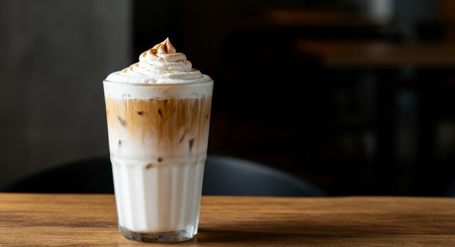 Iced latte with creamy foam and cinnamon on wooden table in cozy cafe