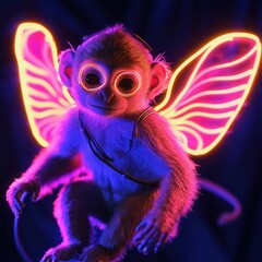 Whimsical Aerial Primate. Adorable Monkey Soaring Through a Neon Wonderland