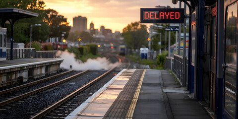 Fototapeta premium Train platform digital sign showing DELAYED at sunset with empty tracks – text
