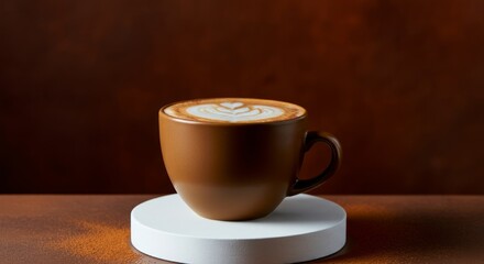 Obraz premium Warm cappuccino with latte art on simple white stand against brown background