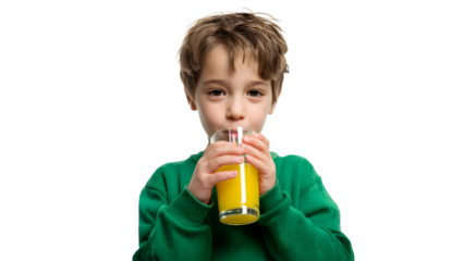 A young boy wearing a green sweater is drinking a glass of yellow juice, looking directly at the viewer. The background is black.