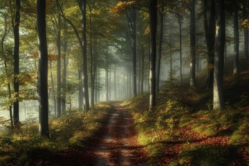 Fototapeta premium Serene forest path with autumn foliage in early morning mist