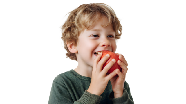 Joyful blond boy enjoying a crunchy, red apple. He is smiling, holding the fruit with both hands and taking a big bite of it.