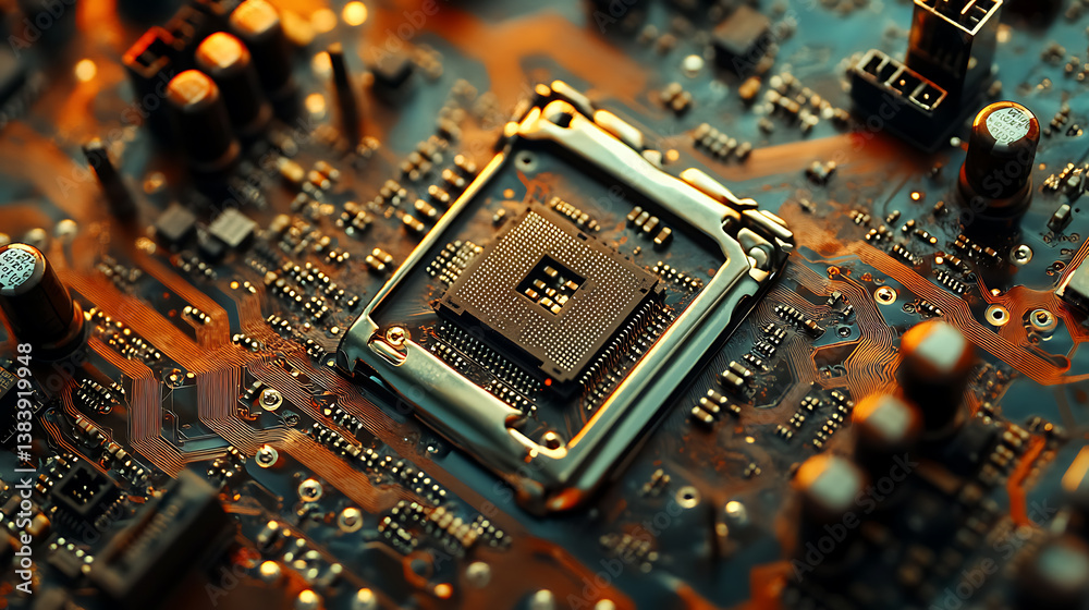 Poster Microprocessor and cpu technology background, main microchip on the motherboard