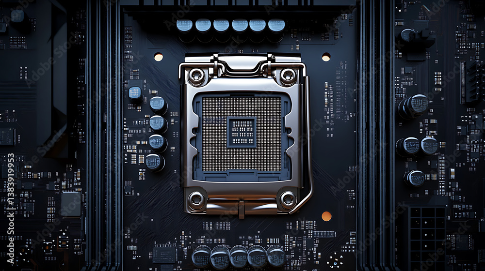 Poster Microprocessor and cpu technology background, main microchip on the motherboard