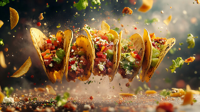 Mexican tacos flying in the air exploding with flavour and bursting with fresh ingredients