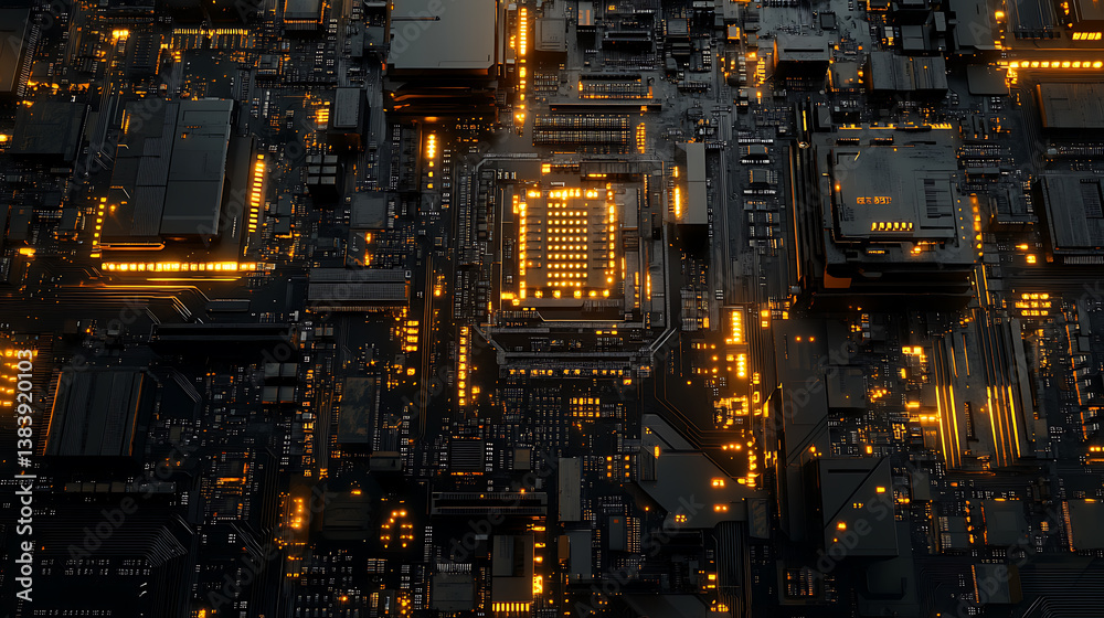Poster Microprocessor and cpu technology background, main microchip on the motherboard