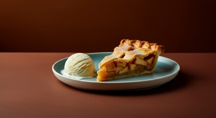 Slice of apple pie and vanilla ice cream on plate against brown background