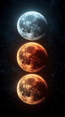 Three Moons in Vertical Alignment with Silver, Orange, and Red


