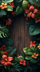 Vibrant Tropical Flowers and Green Leaves Framing Rustic Wooden Panel

