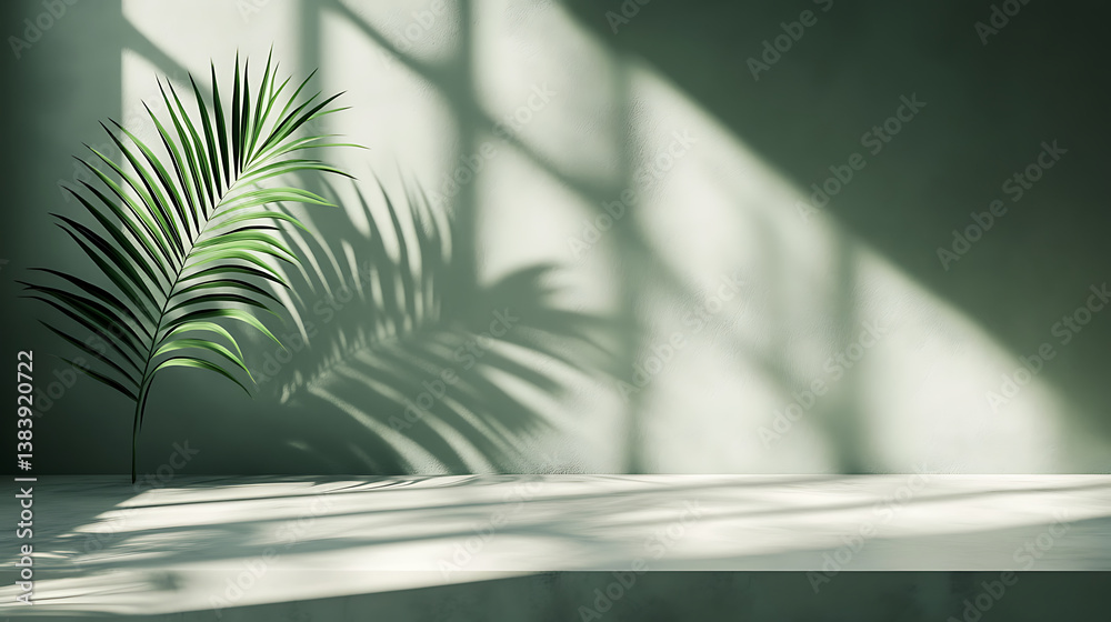 Poster Minimal abstract background for a product presentation, a green palm shadow on the wall, an empty table with soft shadows