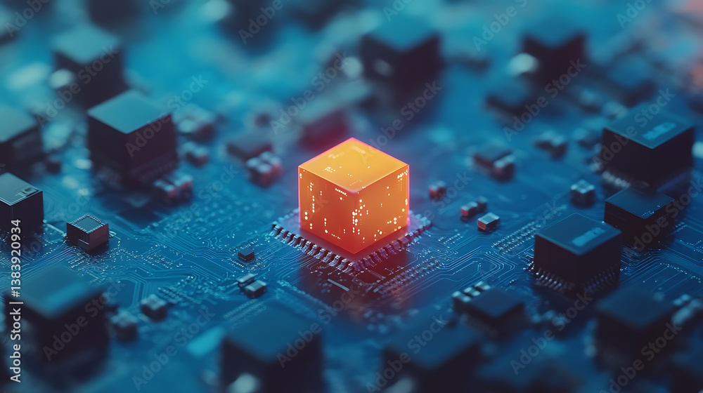Poster minimalist artificial intelligence micro chip on blue circuit board