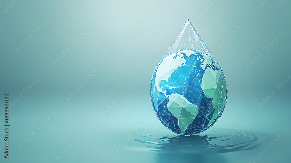 Poster isolated illustration of an abstract earth globe in a drop of water, world water day, low poly style