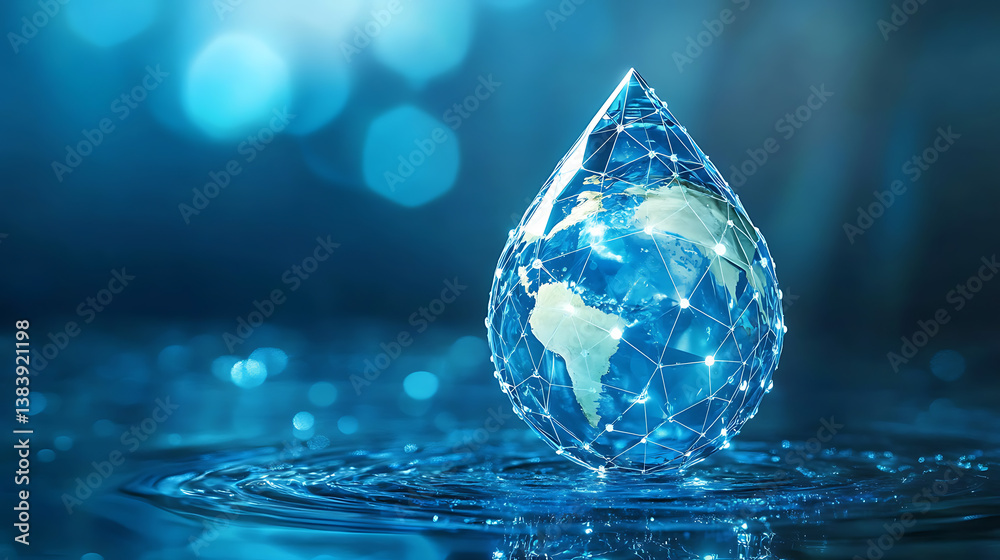 Poster isolated illustration of an abstract earth globe in a drop of water, world water day, low poly style