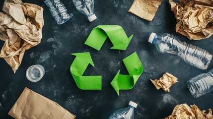 Green recycle symbol surrounded by various recyclable materials on a dark background.