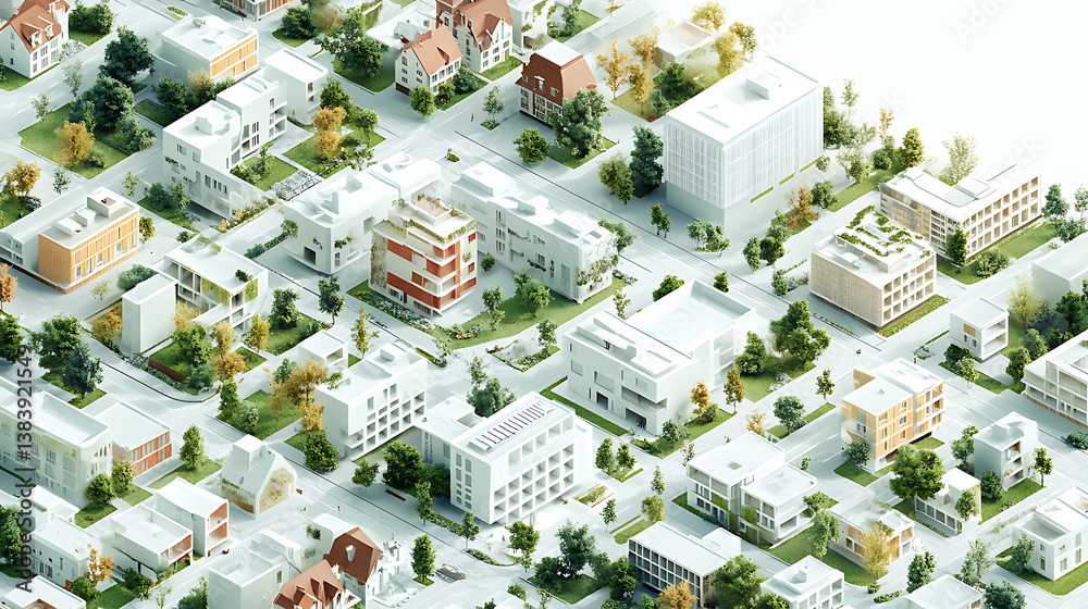 Poster isometric cityscapes, white backdrop, conceptual mapping, and geometric diagram displaying different