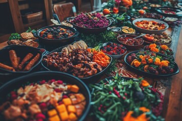 Obraz premium An impressive display of holiday cuisine on a wooden table, featuring a variety of dishes with vibrant colors and textures, perfect for a festive celebration.