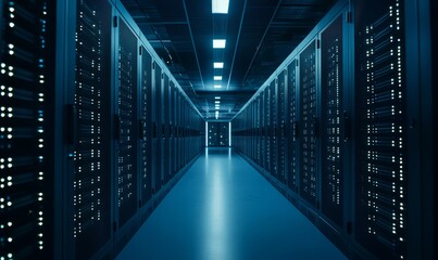 Obraz premium Deep Blue Data Center: Servers Illuminate the Path to Digital Innovation