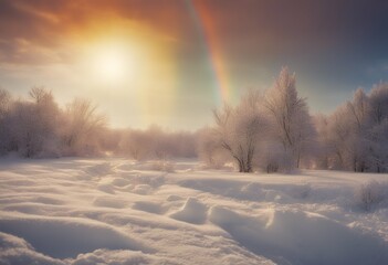 rainbow seen wonder is sun sky setting beauty large concept landscape casting scene above create snowy sunset over glow warm picturesque heaven sunrise light background abstract atmosphere rain white